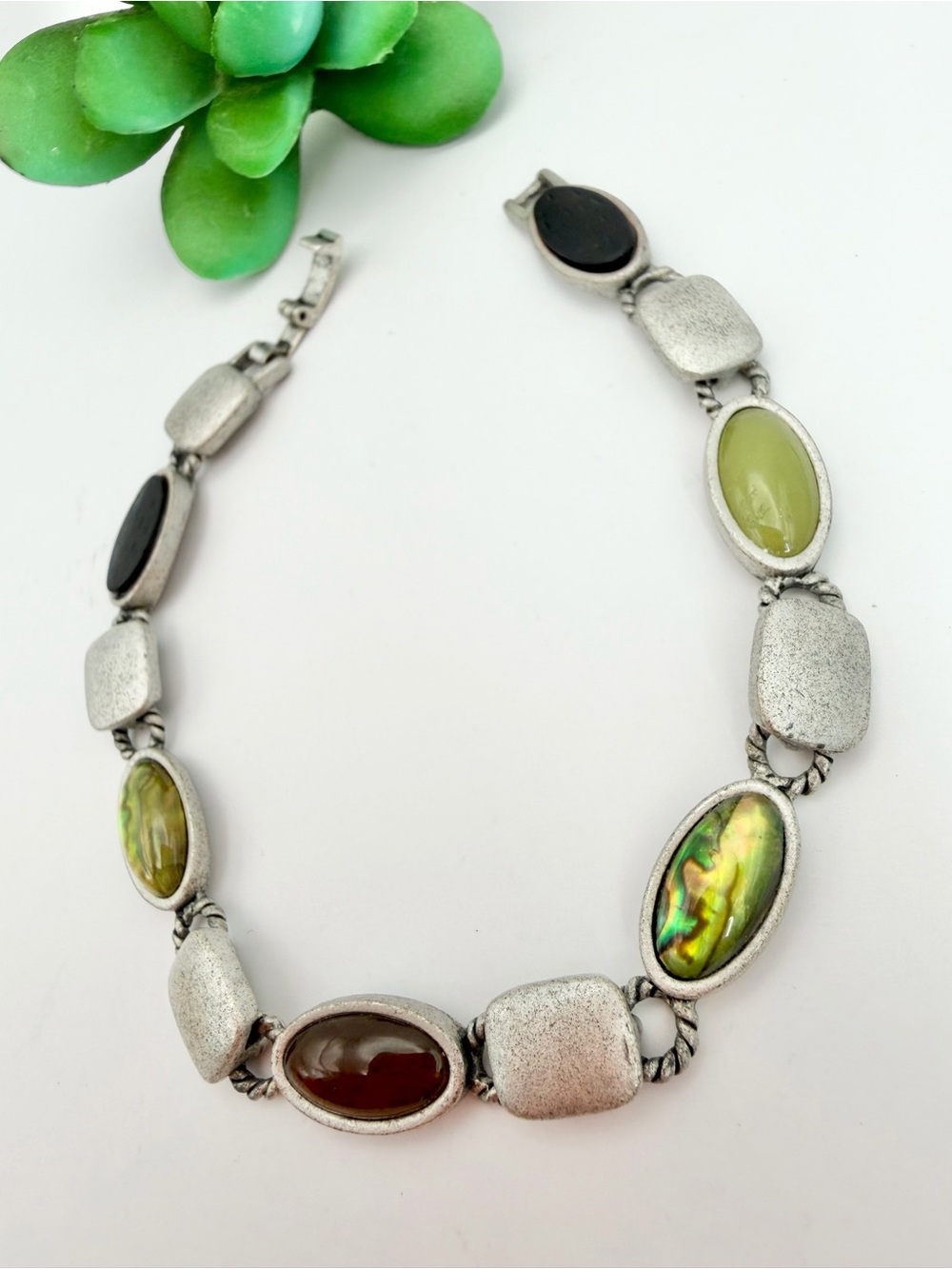 Multi-Stone Silver-Tone Women's Bracelet with Abalone and Colored Inlays